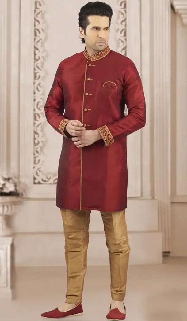 Maroon Color Banarasi Art Silk Ready Made Men Semi Indo Aligadhi Pant - 433853052