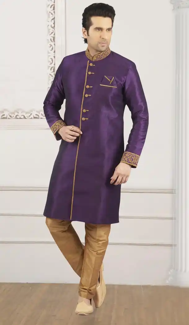 Purple Color Banarasi Art Silk Ready Made Men Semi Indo Aligadhi Pant - 433853053