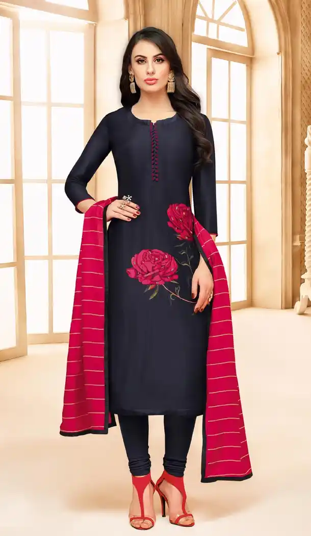 Navy Blue Color Upada Silk Straight Casual Office Wear Salwar Kameez - 433152942