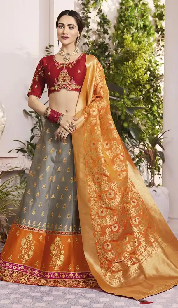 Grey and Orange Color Silk Jacquard Traditional Designer Lehenga Choli - 433553012