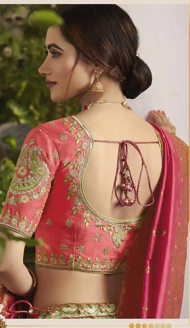 Aqua Green And Peach Color Silk Jacquard Traditional Designer Lehenga Choli - 433553013