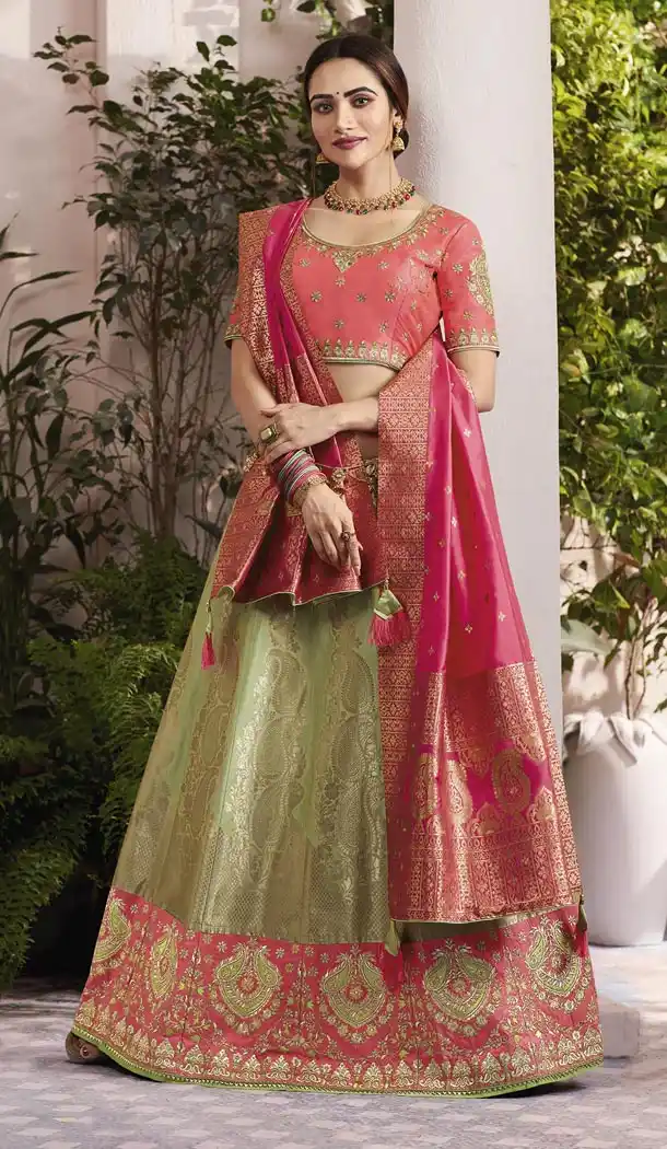 Aqua Green And Peach Color Silk Jacquard Traditional Designer Lehenga Choli - 433553013