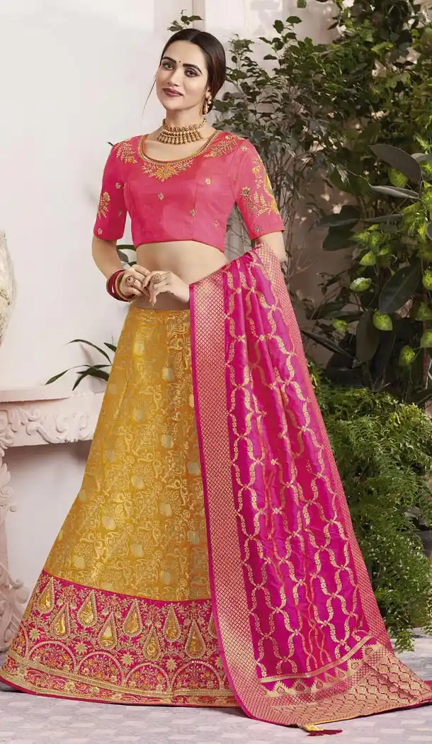 Yellow And Pink Color Silk Jacquard Traditional Designer Lehenga Choli - 433553014