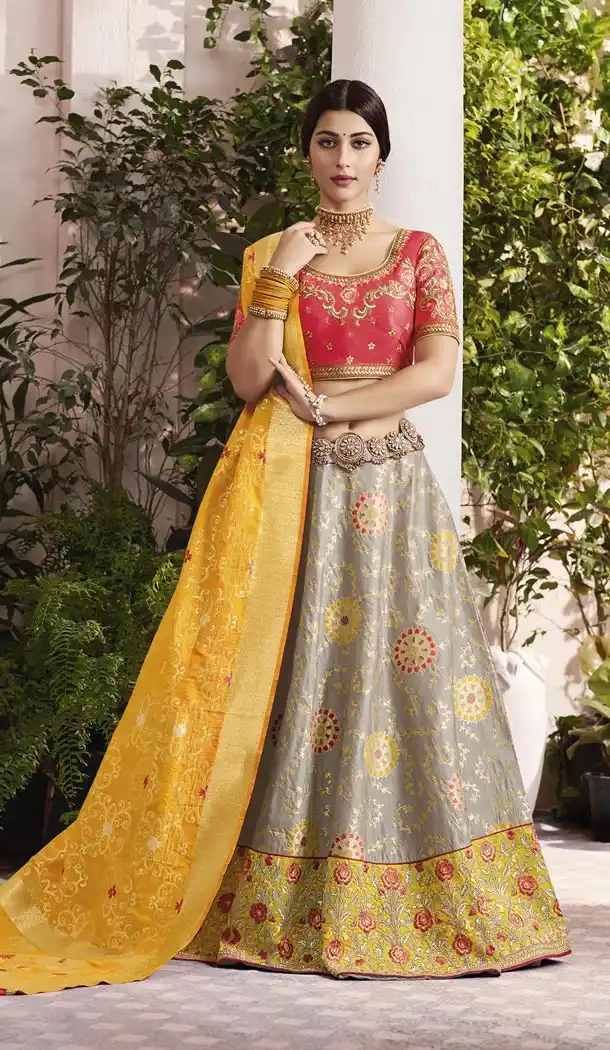 Grey And Yellow Color Silk Jacquard Traditional Designer Lehenga Choli - 433553015