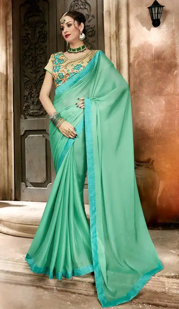 Aqua Green Color Georgette Casual Day Wear Saree With Blouse - 433753025