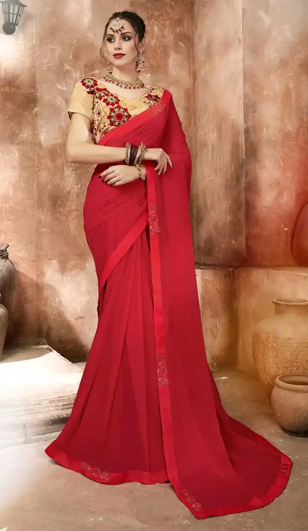 Red Color Georgette Casual Day Wear Saree With Blouse - 433753029