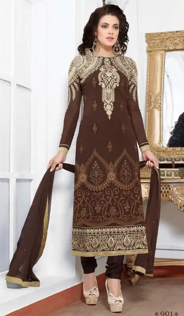 Brown Faux Georgette Churidar Kameez