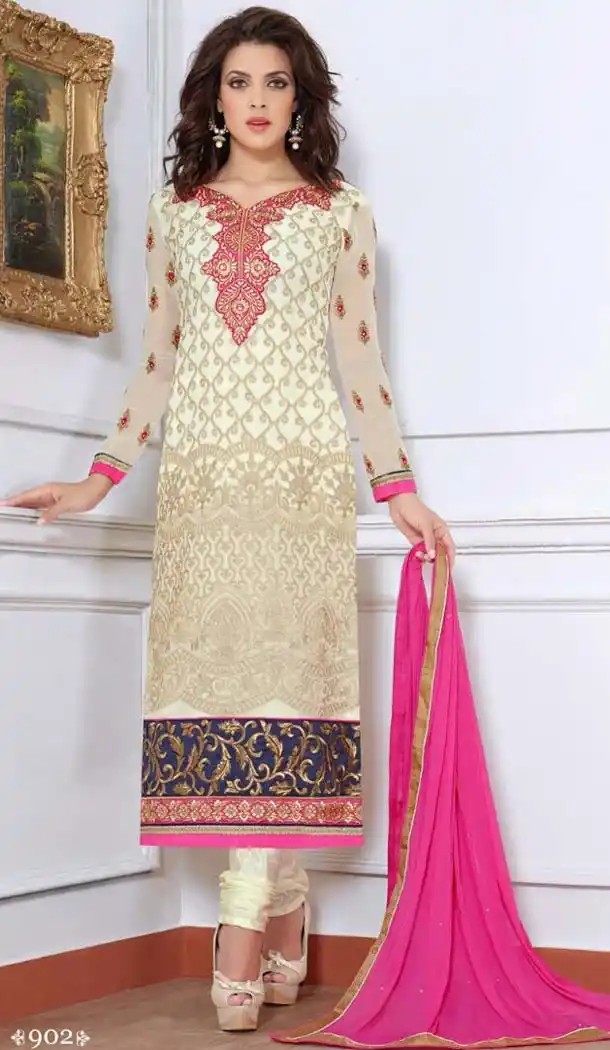 Cream Faux Georgette Churidar Kameez