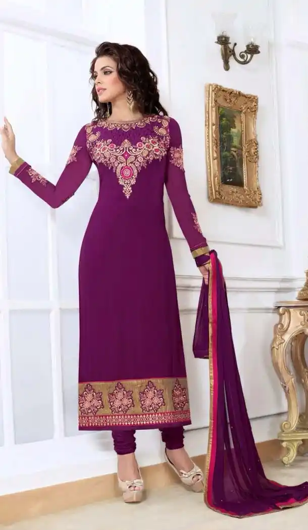 Dark Purple Faux Georgette Churidar Kameez