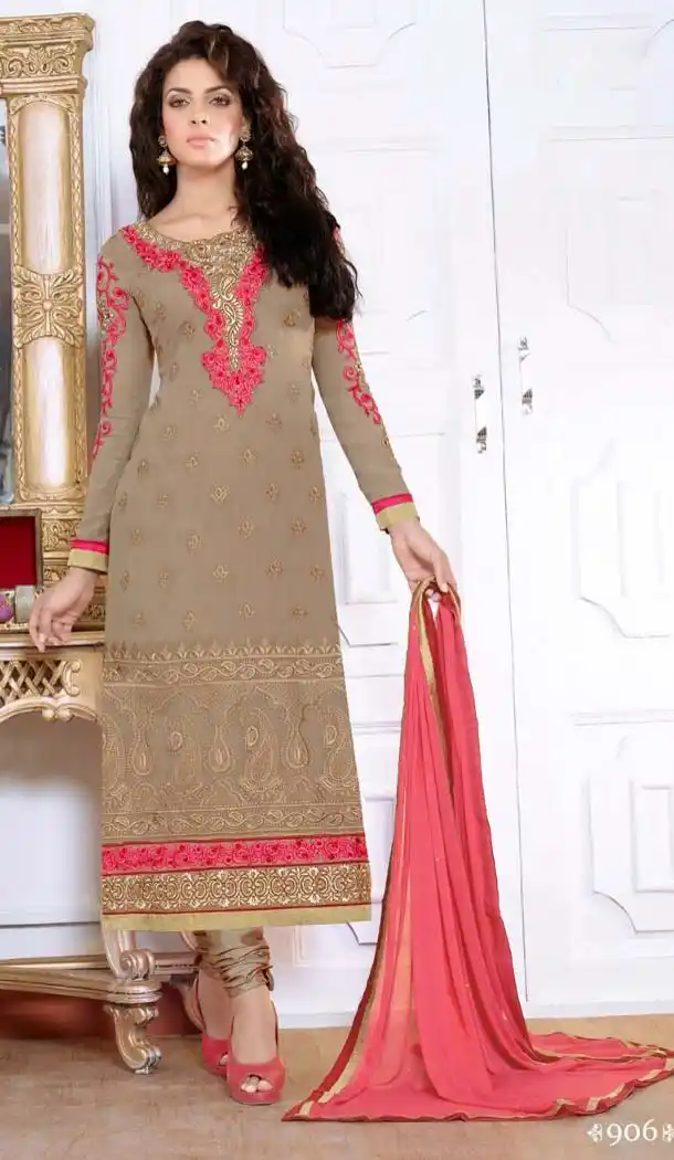 Fawn Faux Georgette Churidar Kameez