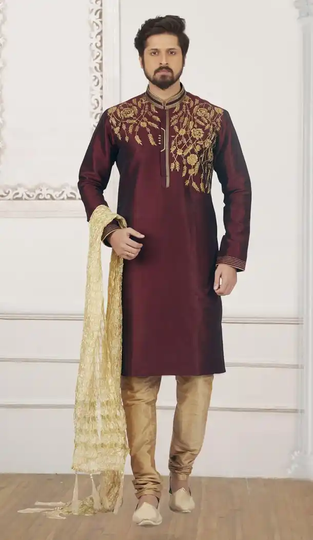 Wine Color Art Banarasi Silk Mens Readymade Kurta And Pyjama - 433953054