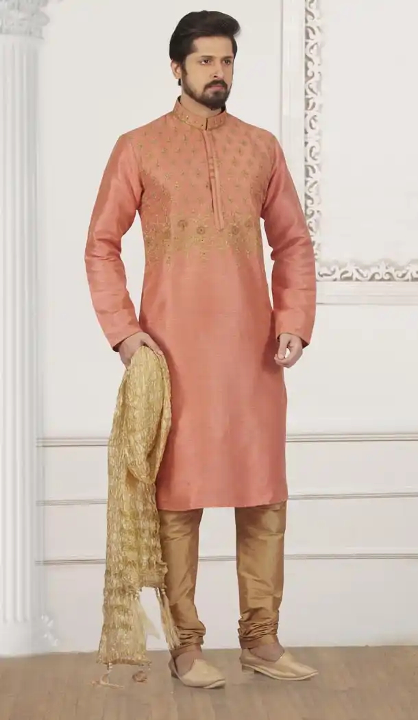 Alluring Peach Color Art Banarasi Silk Mens Readymade Kurta And Pyjama - 433953056
