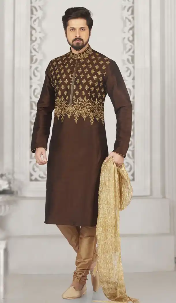 Coffee Color Art Banarasi Silk Mens Readymade Kurta And Pyjama - 433953058