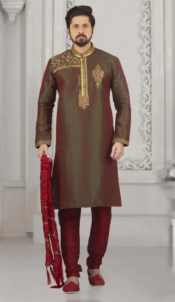 Green and Red Color Art Banarasi Silk Mens Readymade Kurta And Pyjama - 433953060