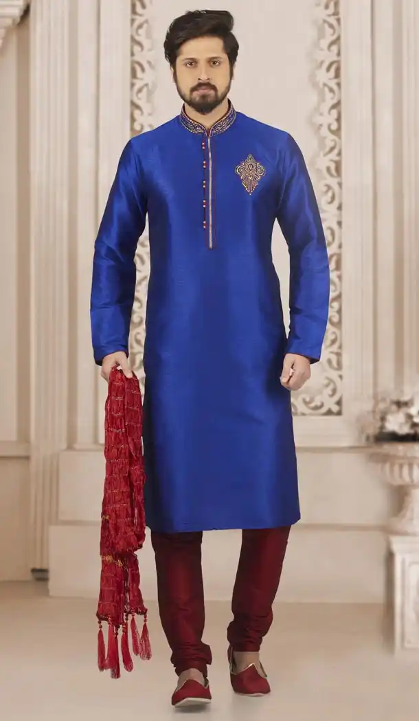 Blue Color Art Banarasi Silk Mens Readymade Kurta And Pyjama - 433953062