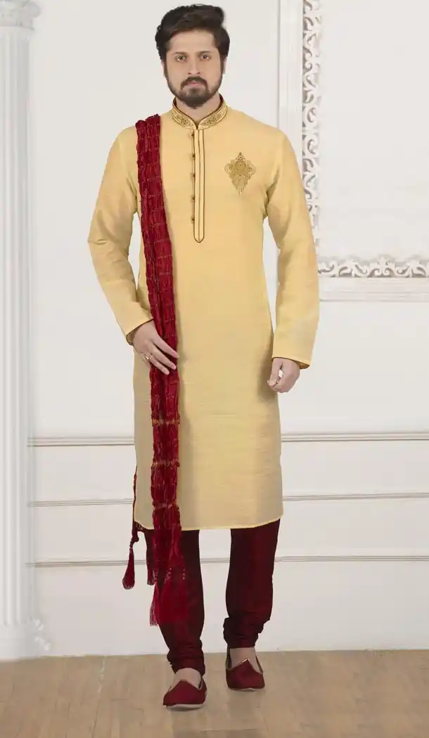 Golden Color Art Banarasi Silk Mens Readymade Kurta And Pyjama - 433953063