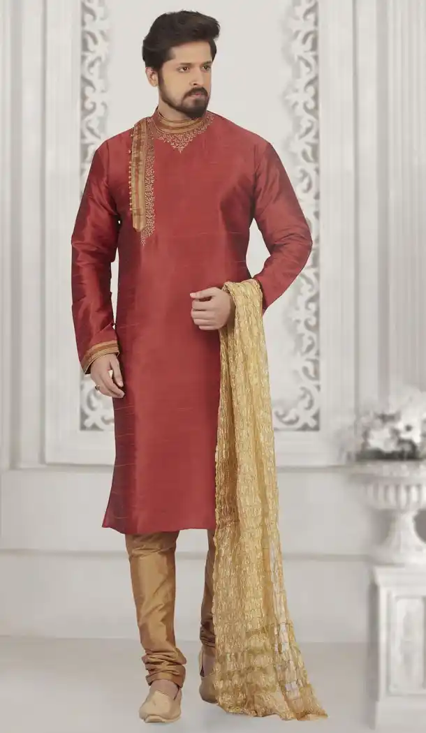 Flamboyant Rust Color Art Banarasi Silk Mens Readymade Kurta And Pyjama - 433953065