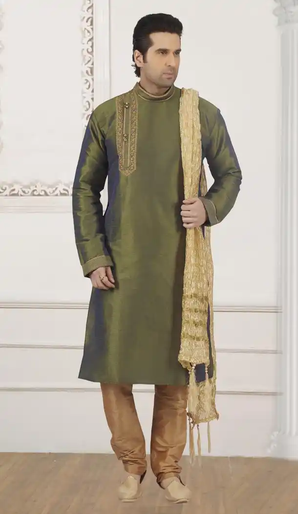 Olive Green Color Art Banarasi Silk Mens Readymade Kurta And Pyjama - 433953066