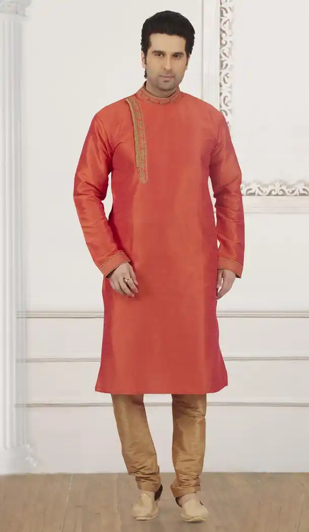 Orange Color Art Banarasi Silk Mens Readymade Kurta And Pyjama - 433953067