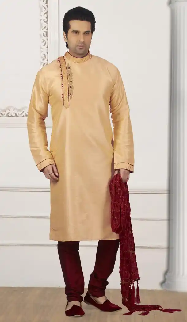 Light Peach Color Art Banarasi Silk Mens Readymade Kurta And Pyjama - 433953068