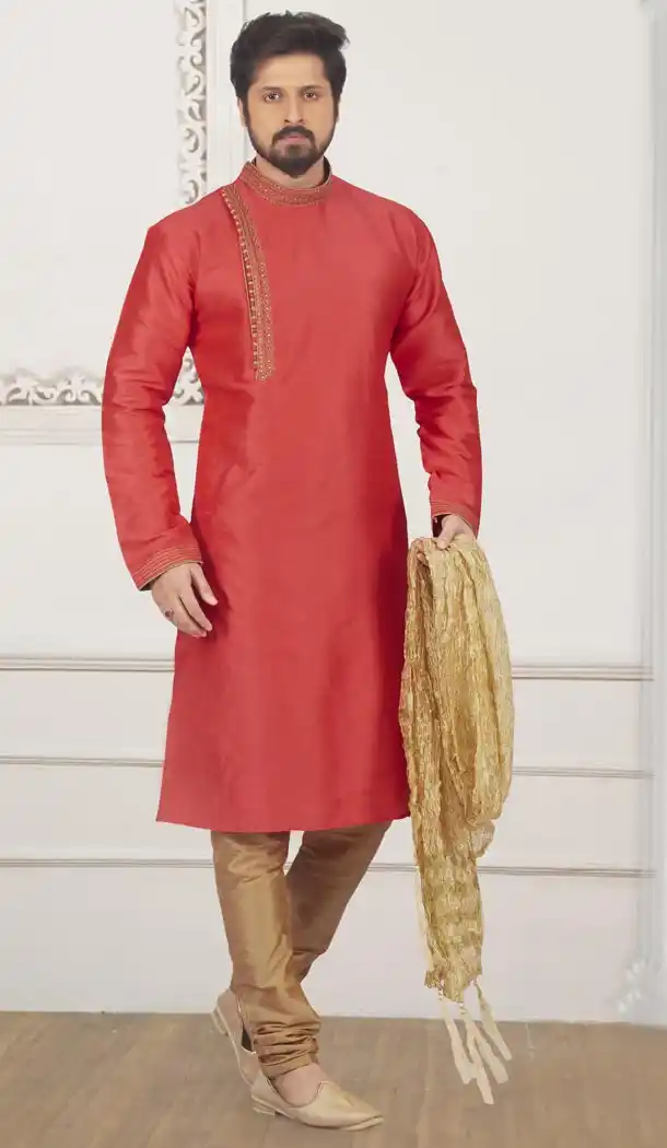 Dark Pink Color Art Banarasi Silk Mens Readymade Kurta And Pyjama - 433953069
