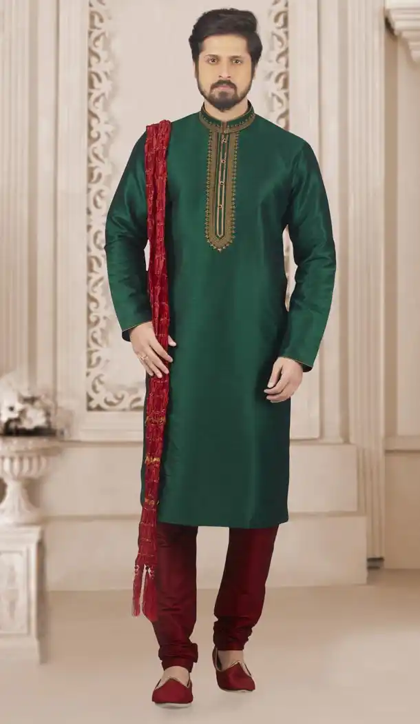 Green Color Art Banarasi Silk Mens Readymade Kurta And Pyjama - 433953070