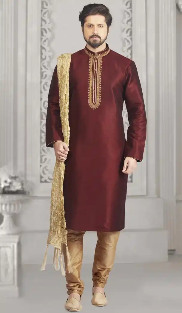 Wine Color Art Banarasi Silk Mens Readymade Kurta And Pyjama - 433953071