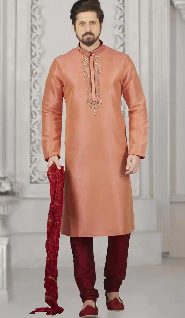 Peach Color Art Banarasi Silk Mens Readymade Kurta And Pyjama