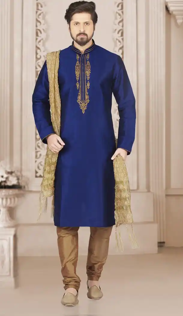 Blue Color Art Banarasi Silk Mens Readymade Kurta And Pyjama - 433953074