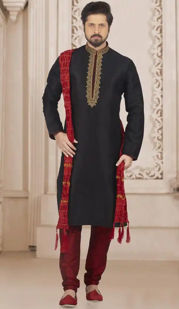 Black Color Art Banarasi Silk Mens Readymade Kurta And Pyjama - 433953075