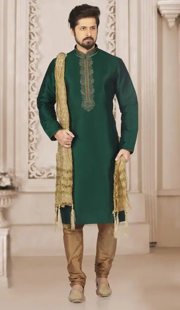 Green Color Art Banarasi Silk Mens Readymade Kurta And Pyjama - 433953078