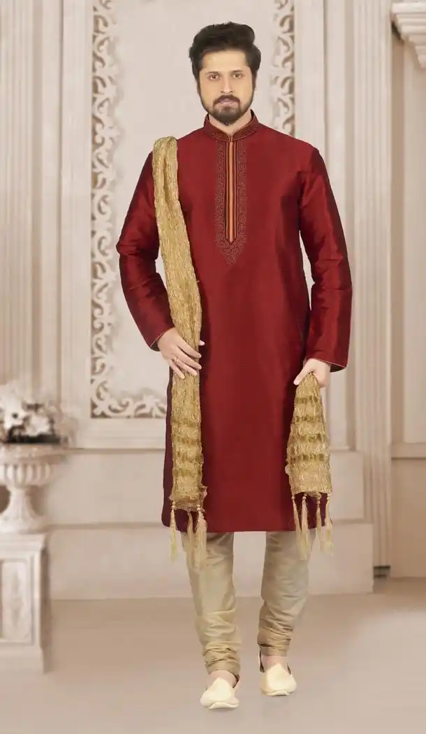 Maroon Color Art Banarasi Silk Mens Readymade Kurta And Pyjama - 433953079