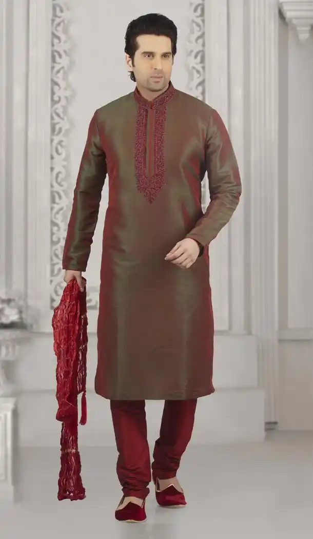 Green and Maroon Color Art Banarasi Silk Mens Readymade Kurta And Pyjama - 433953081