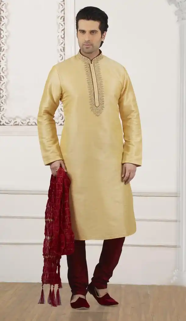 Golden Color Art Banarasi Silk Mens Readymade Kurta And Pyjama - 433953082