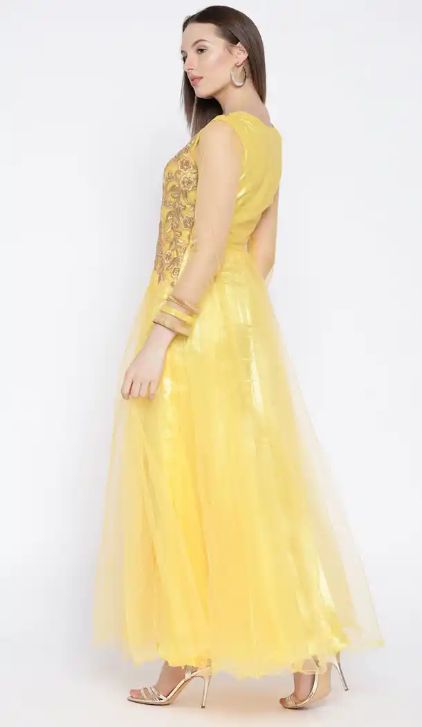 Yellow Color Net Party Wear Gown Dress - 434853200