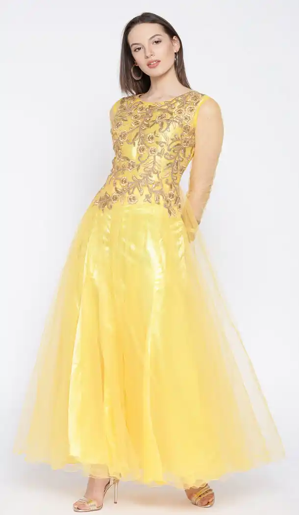 Yellow Color Net Party Wear Gown Dress - 434853200
