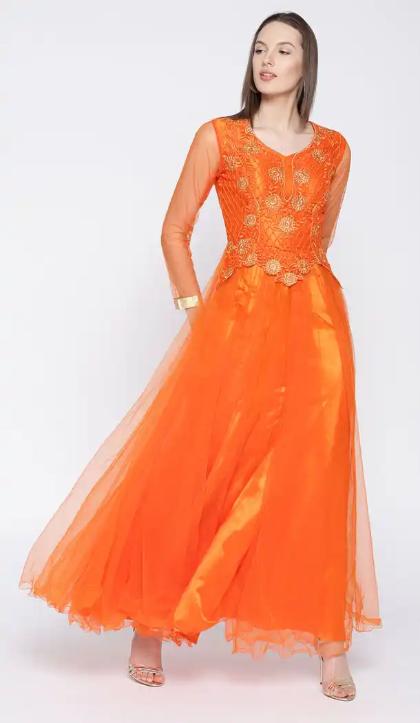 Orange Color Net Party Wear Gown Dress - 434853202