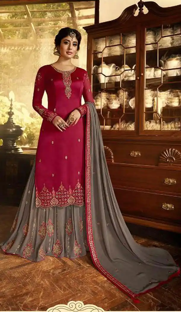 Magenta Color Satin Georgette Straight Cut Party Wear Sharara Suit - 434953205