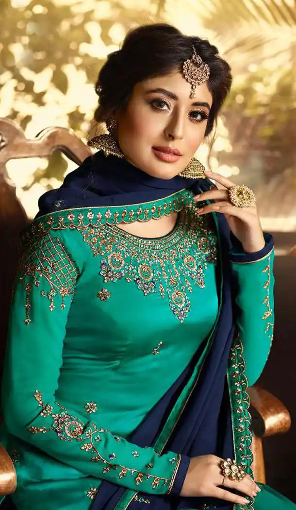 Turquoise Color Satin Georgette Straight Cut Party Wear Sharara Suit - 434953206