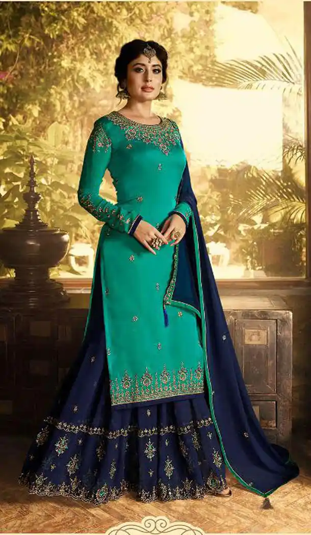 Turquoise Color Satin Georgette Straight Cut Party Wear Sharara Suit - 434953206