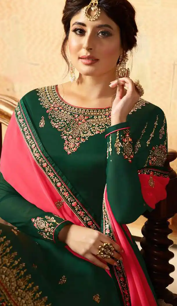 Green Color Satin Georgette Straight Cut Party Wear Sharara Suit - 434953207