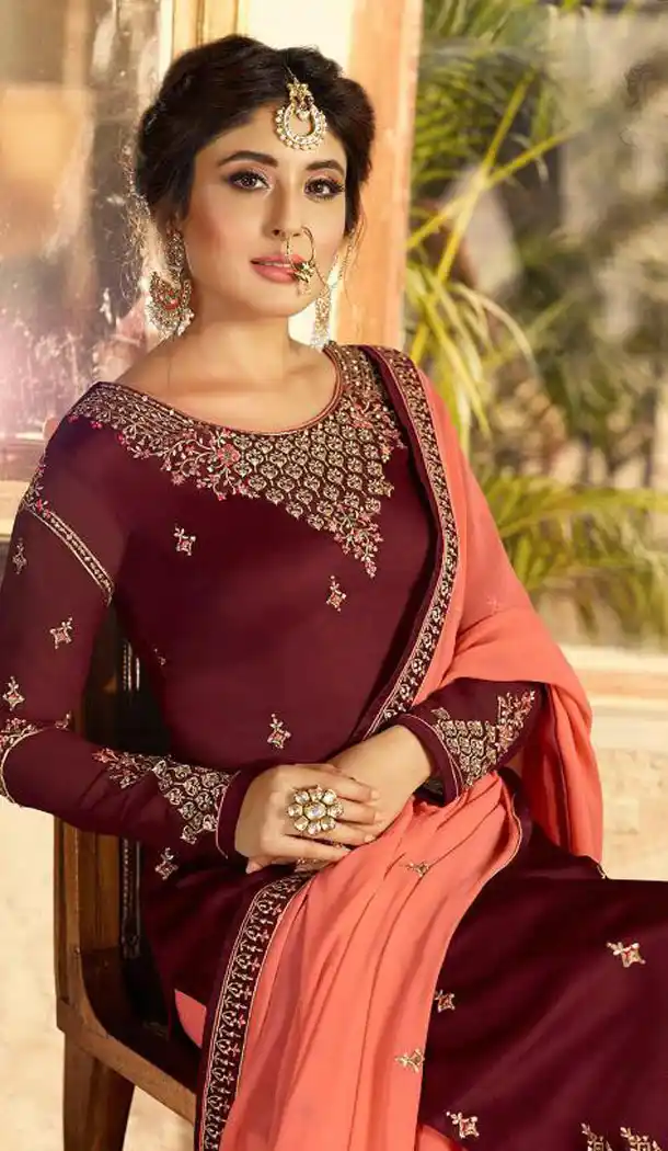 Burgundy Color Satin Georgette Straight Cut Party Wear Sharara Suit - 434953208