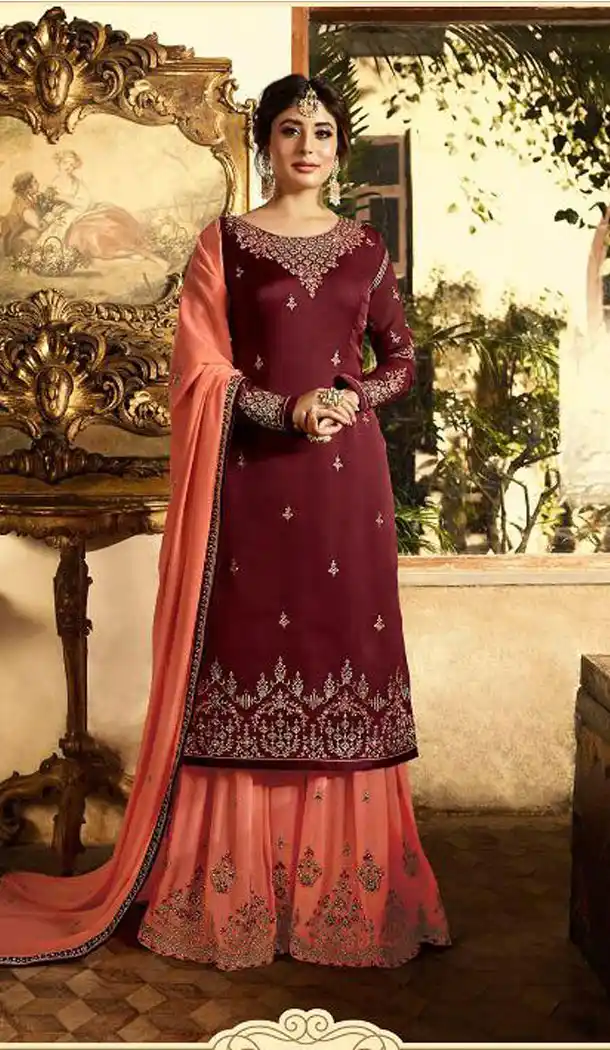 Burgundy Color Satin Georgette Straight Cut Party Wear Sharara Suit - 434953208