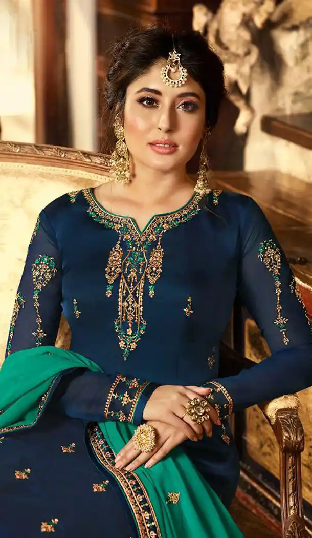 Blue Color Satin Georgette Straight Cut Party Wear Sharara Suit - 434953210