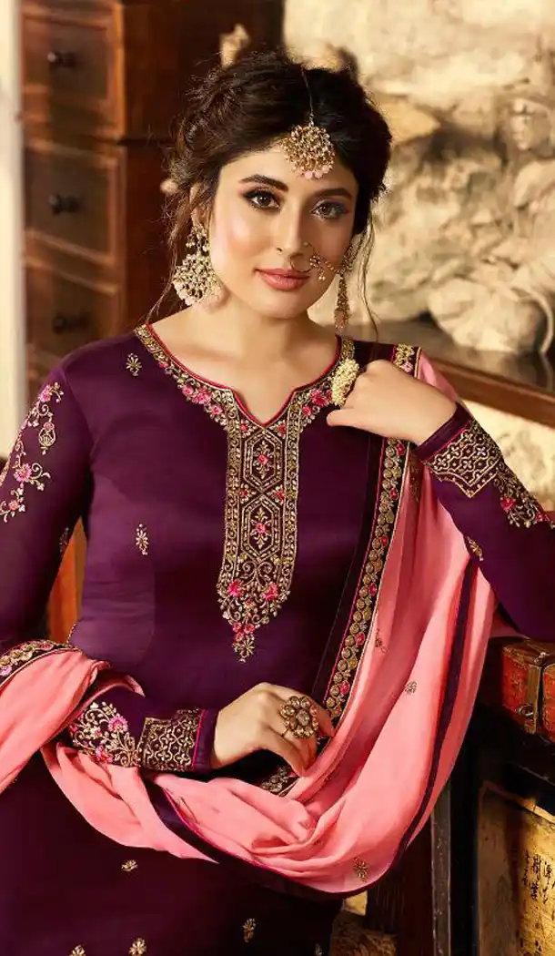 Wine Color Satin Georgette Straight Cut Party Wear Sharara Suit - 434953211