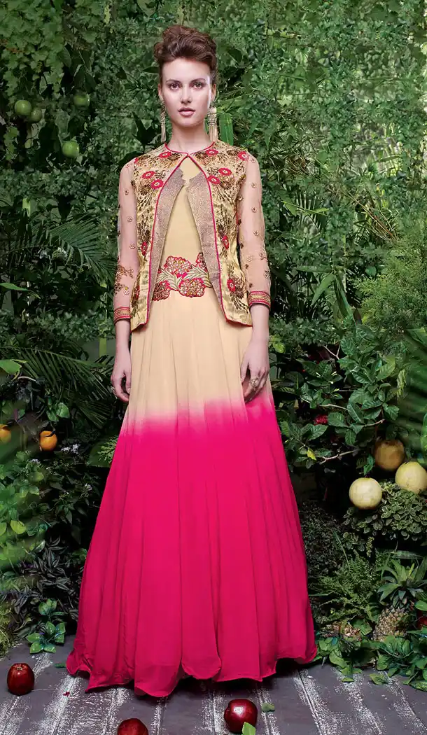 Cream and Pink Color Net Georgette Designer Wear Gown Dress - 442053957