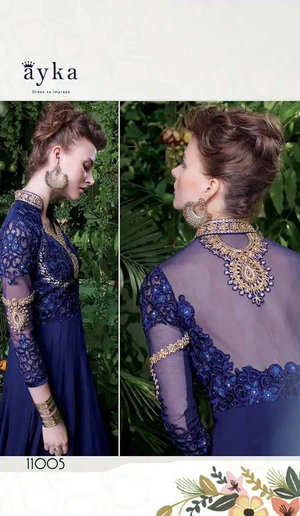 Navy Blue Color Georgette Net Velvet Designer Wear Gown Dress - 442053960