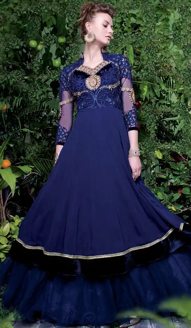 Navy Blue Color Georgette Net Velvet Designer Wear Gown Dress - 442053960