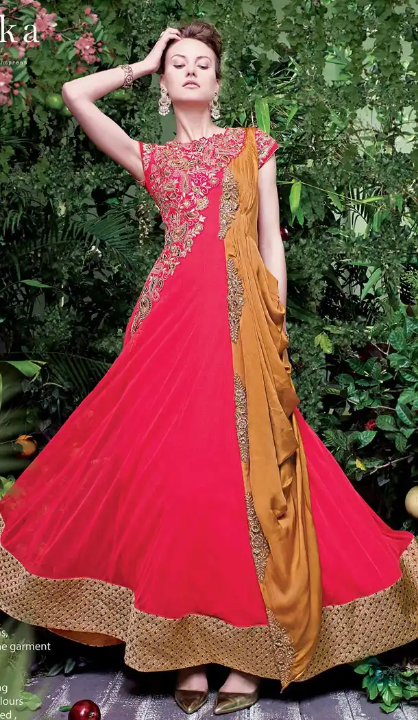 Rose Pink Color Net Satin Designer Wear Gown Dress - 442053961
