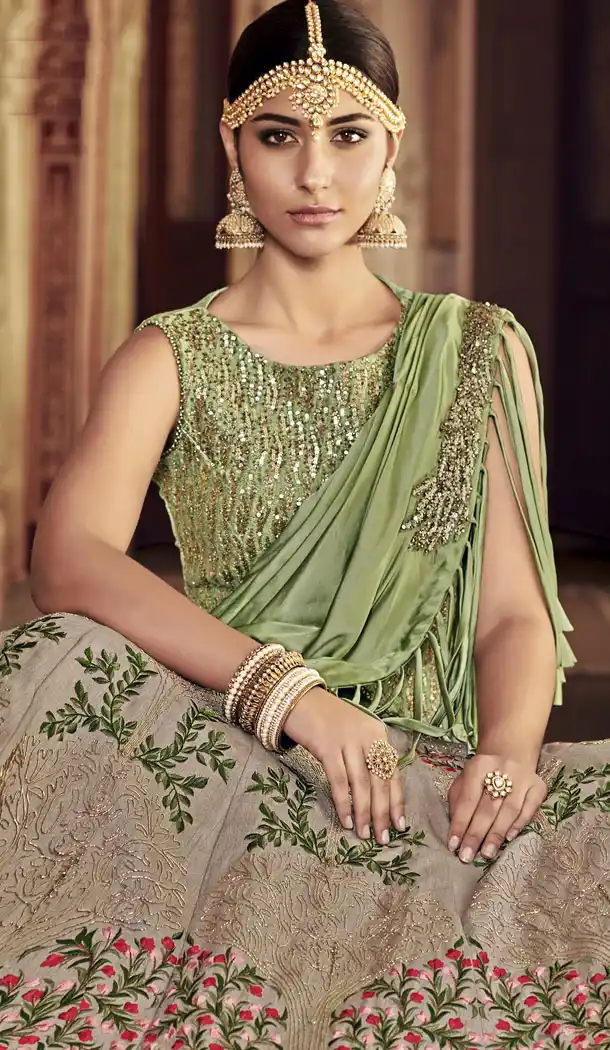 Tan Color Bansi Silk Designer Wear Bridel Lehenega Choli - 443954277